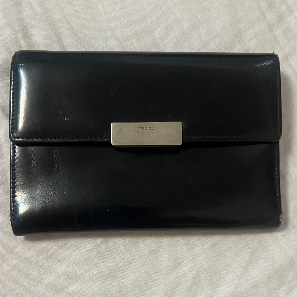 Prada Black Leather Clutch with Silver Accent
